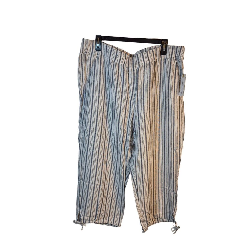 Land N Sea Women's Capri Pants Size XL Navy Striped Linen Blend Pockets